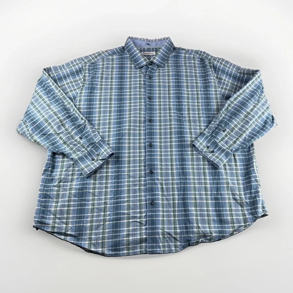 Tommy Bahama Silk Blend Shirt Mens 2XLB Blue Plaid Long Sleeve Button Up Preppy